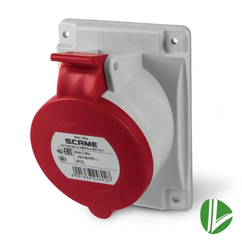 ENCHUFE TRIFASICO HEMBRA 32A EMBUTIDO IP44 INDUSTRIAL 380V SCAME, seguro y resistente para uso intensivo en entornos húmedos y polvorientos.