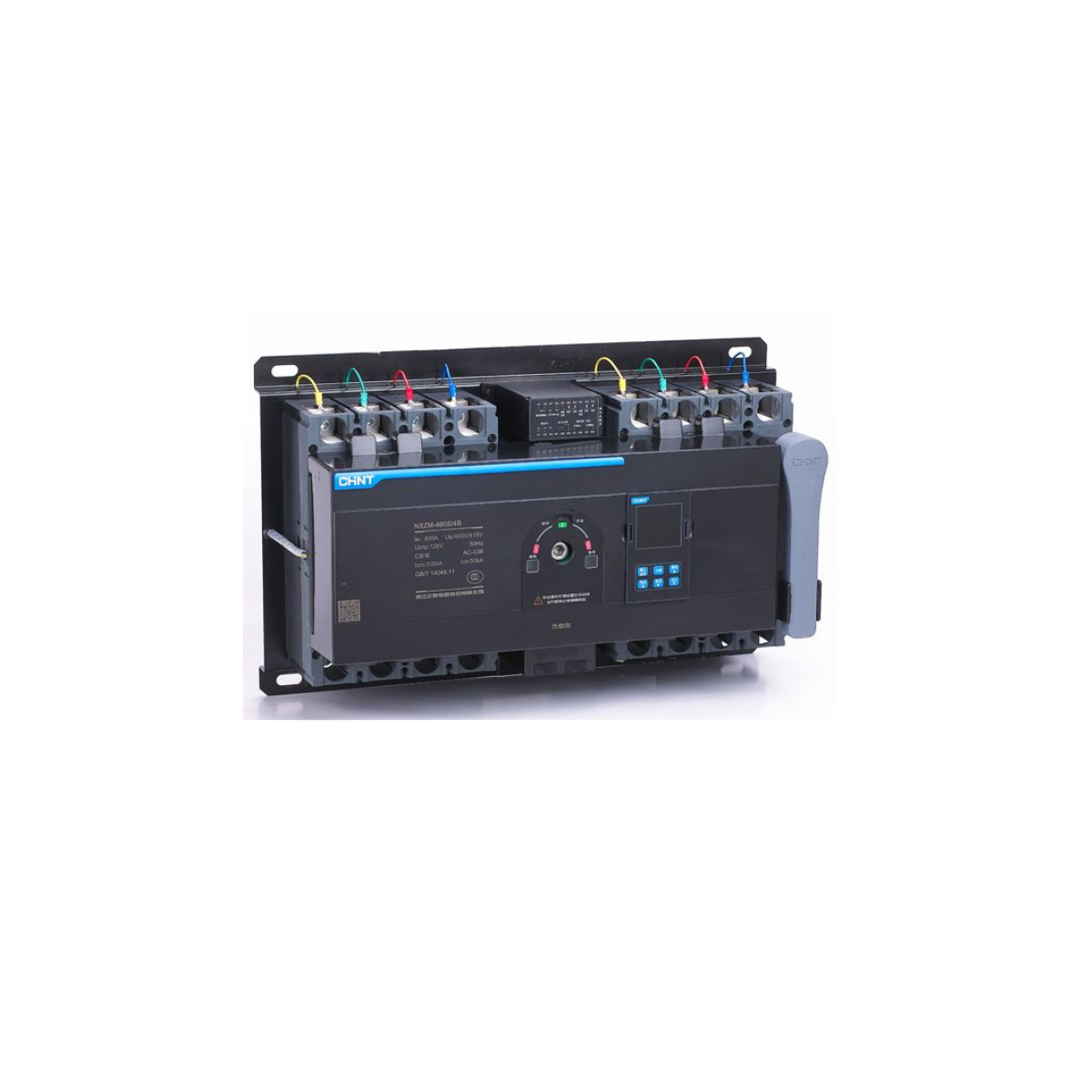 transferencia automática 4P 800A ATSE tipo CB 400V 65KA con relé y breaker: conmutador trifásico para cambio de fuente en redes industriales.